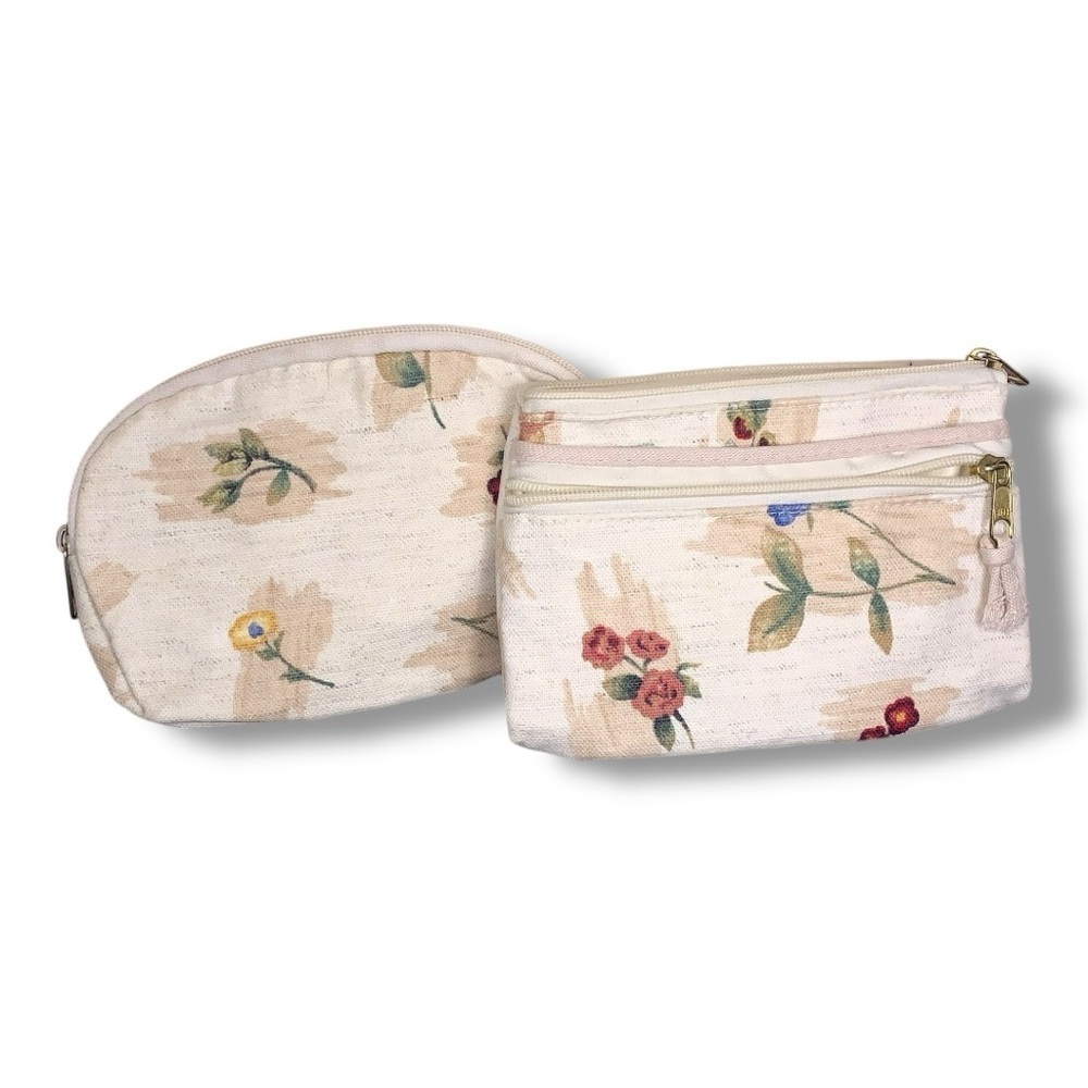 Vintage Fuji Set Of 2 Cosmetic Bags Linen Floral Print Ivory 90s Era Travel